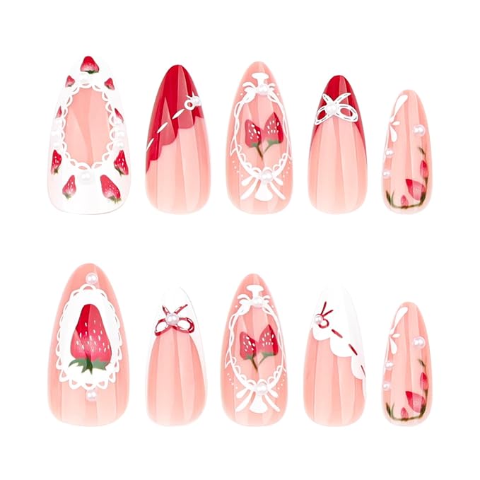 24pcs French Tip Press on Nails Medium Almond Fake Nails with Pearl Designs Cute Bow Stick on Nails Strawberry False Nails Red White French Nail Tips Acrylic Nails Glue on Nails for Women