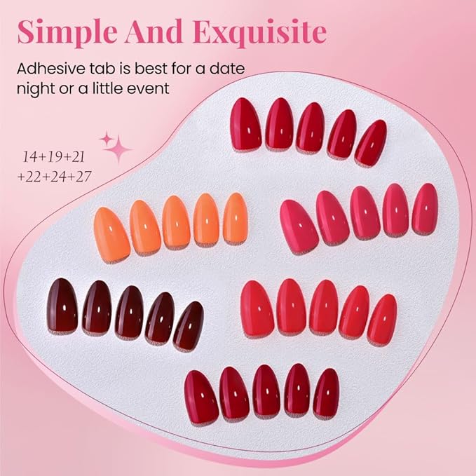 evpct 6 Colors Glossy Press on Nails Short Almond for Women, Glossy Fake Nail with Glue Salon Quality Reusable Stick on Nails In 15 Sizes 180Pcs Full Cover False Nail Soft Gel Set Kit for Gift, Set04