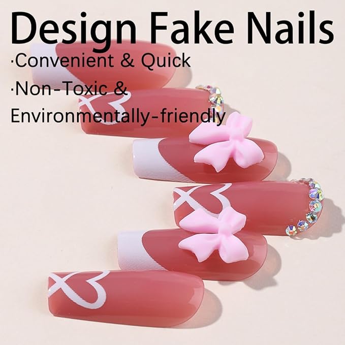 French Tip Press on Nails Medium Square Fake Nails White Heart Acrylic Nails Pink Bow Charms False Nails with Rhinestone Glue on Nails Glossy Artificial Stick on Nails for Women Girls Manicure 24Pcs
