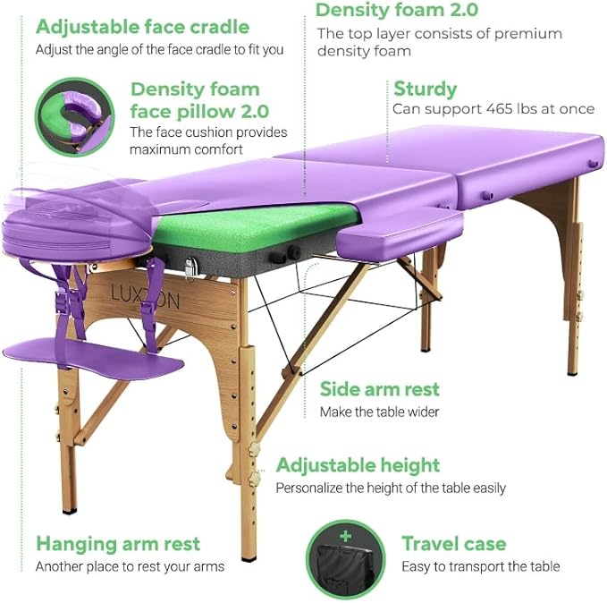 Luxton Home Premium Foam Massage Table Portable Foldable Massage Bed Height Adjustable, 72 Inches Long 27 Inches Wide Home Salon Spa Bed Tattoo Table with Accessories & Carrying Case, Easy Set Up