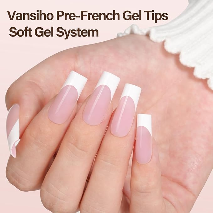 Vansiho French Tip Press on Nails - 150Pcs Long Square Pink Gel Nail Tips, 3 in 1 Pre-French Gel Tips, Fake Nails for Nail Art DIY in 15 Sizes
