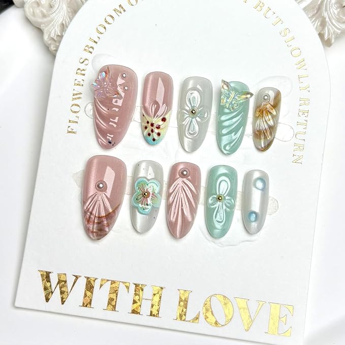 French Tip Press on Nails Medium Almond Nails Tip 3D Butterfly Fake Nails Reusable Cute Flower Acrylic Nails Gem Rhinestones False Nails with Water Ripples Design for Women Manicure Accessories 30Pcs