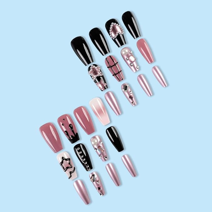 Medium Press on Nails Square Fake Nails Black False Nails with Heart and Star Designs Artificial Nails Stick on Nails for Women 24pcs