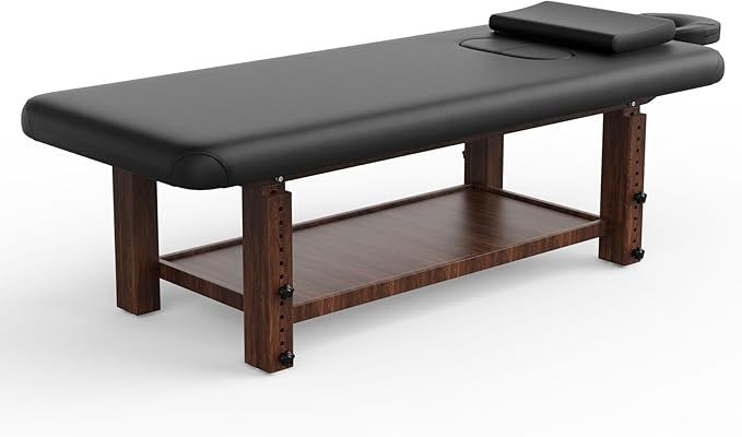 pouseayar Stationary Massage Table with Adjustable Height Legs for Treatment, Physical Therapy, Spa Facial Professional Massage Bed, Black PU Leather 31.5'' Wide - 700LBS Load, Heavy Duty Wood Frame