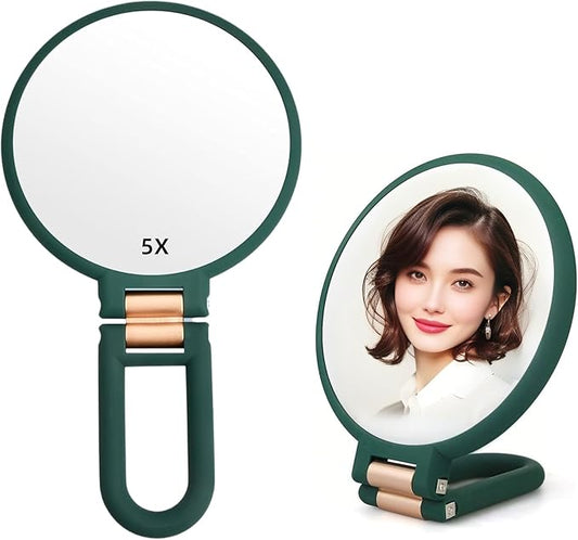 1X 5X Handheld Mirror with Handle for Travel， Magnifying Mirror, Magnification, Rotation Adjustable Handle, Double Sided Folding, Mirror for Women for Eyes Makeup Travel Table Desk Shaving