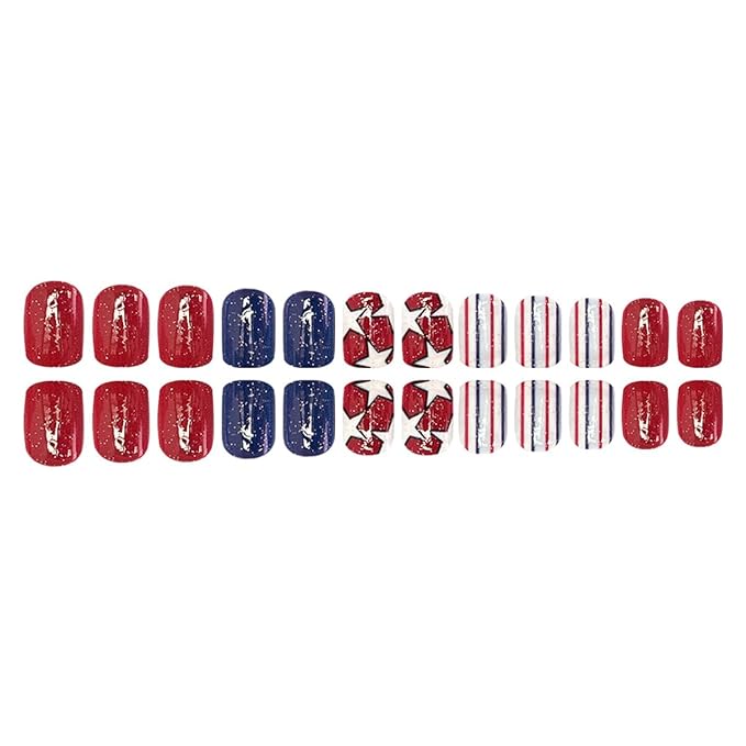 Independence Day Press on Nails Short Square 24Pcs 4th of July Fake Nails with White Star Stripe Designs Red Blue Glitter Patriotic Acrylic Nails Glossy Glue on Nails for Women Manicure