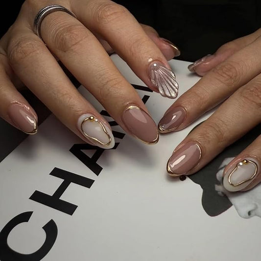 Gold French Tip Press On Nails Short Almond, 3D Line shell French Tip Sticke On Nails, Designer Reusable Acrylic Nails Press Ons, Fake Nail With Glue On, Daily Wea False Nail For Women