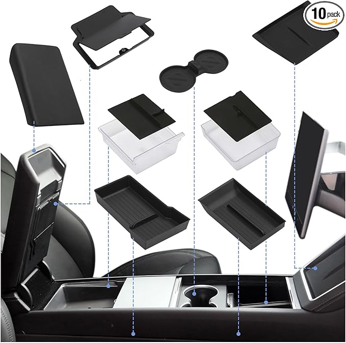 10PCS Center Console Organizer for Tesla Model Y Juniper 2025 2026 Accessories, Double Layer Center Console Trays Charger Pad Cup Holder Hidden Storage Box Armrest Cover for Model Y Juniper