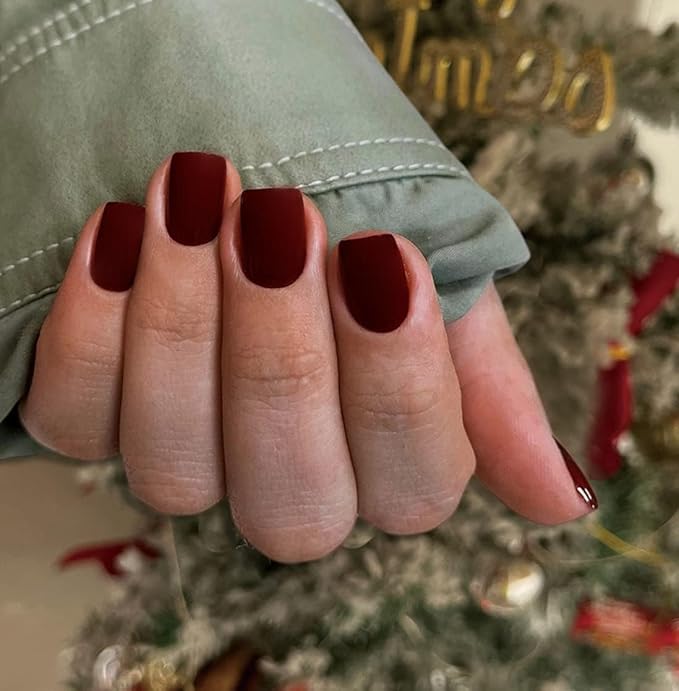 KQueenest Matte Dark Red Press On Nails Short Square Fake Nails for Women More Burgundy Glue on Nails Short Coffin Arcylic Nails Press ons for DIY Manicure in 24 Pcs