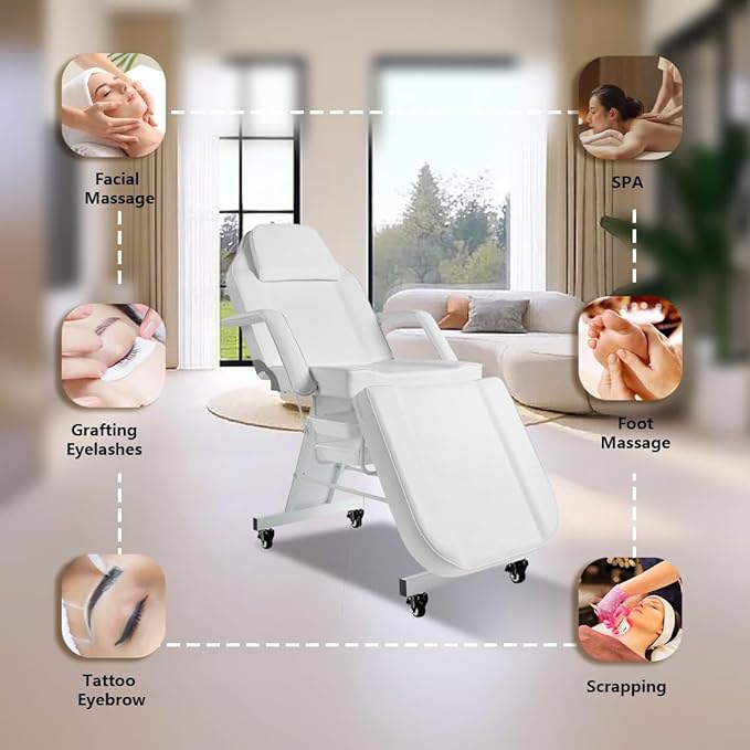 Facial Chair with Wheels Tattoo Chair 73inch Adjustable Tattoo Bed for Client Massage Table with Stool Massage Table Facial Bed for Spa Beauty Esthetician White