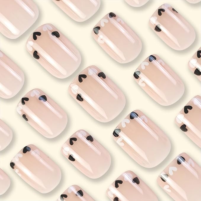 Short Square French Tip Fake Nails with Heart Love Design - Cute Nude Nature Squoval False Glossy Glue on Nails 24 Pcs