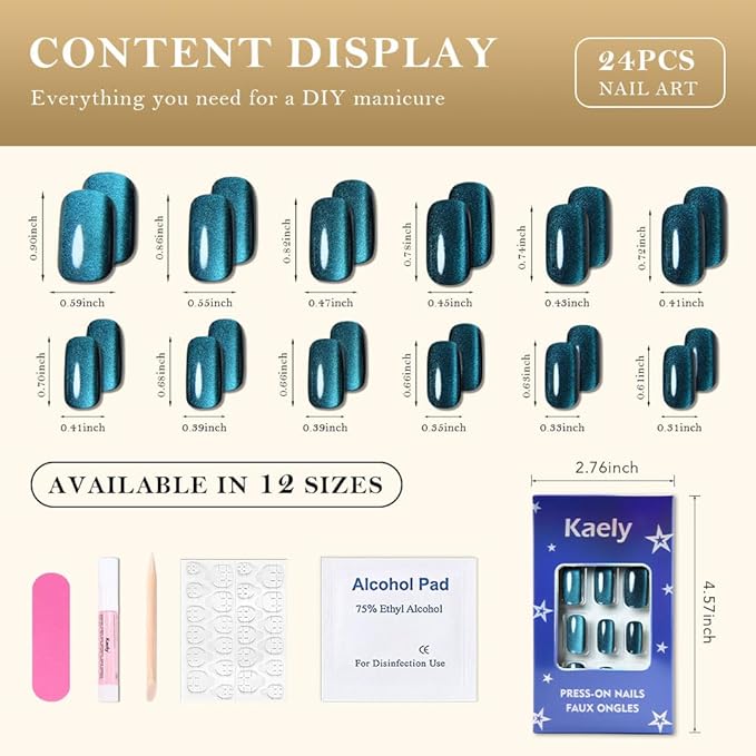 Teal Green Cat Eye Press on Nails Medium Square, Medium Square Press Glue on Nails Chrome for Women Gift, Green Holographic Glitter Glossy Reusable Soft Gel Acrylic Fake Nail with Design Cateye Effect