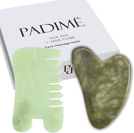 Padime 2 pcs | Set Massage 2-in-1 | Jade Gua Sha Facial Tools + Jade Comb Massage Comb | Massage + Scalp - for Labor Pain