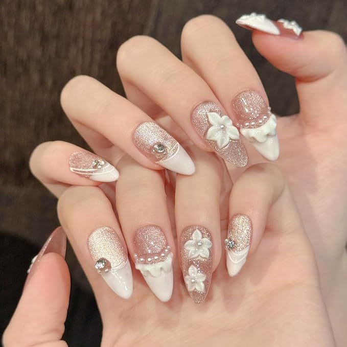 Handmade Press on Nails Almond Medium Fake Nails French Tip with 3D Flower Charm Designs Pink Glitter Cute Acrylic Nails for Women 10pcs (Size M）