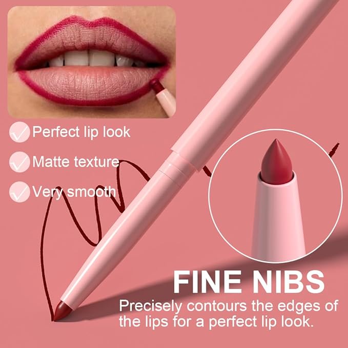6 Pcs Retractable Natural Nude Brown Beige Colors Lip Liner Lipstick Pencils Set for Shaping & Sculpting Lips,Ruby Mauve Red Rose Pink Plum Purple Taupe Creamy Matte Velvet Pigmented Crayon