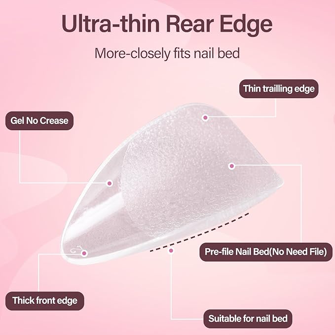 Misssix Short Almond Gel Nail Tips, 216Pcs Pre Etched Clear Fake Nails, Full Cover Soft Acrylic False Nail Glue and Nail Glue Remover for Women 12 Sizes