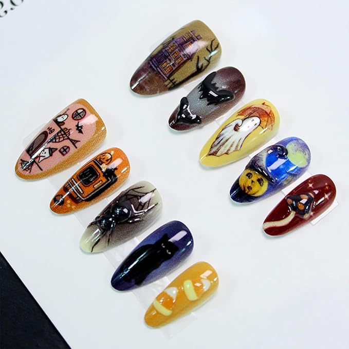 30Pcs Halloween Colorful Press on Nails Medium Almond Fake Nails with Cute Ghost Pumpkin 3D Bat Design Spider False Nails Full Cover Artificial Glue on Nails Gothic Rhinestones Stick on Nail for Women