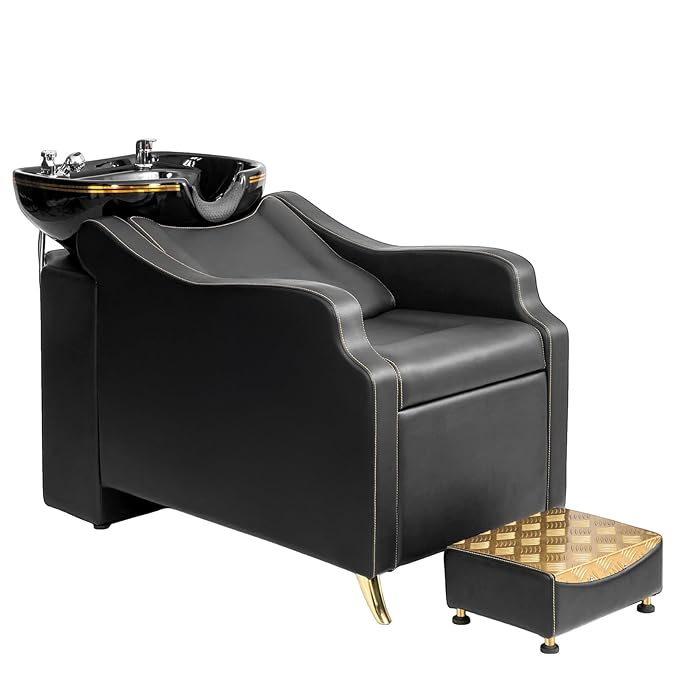 OmySalon Shampoo Backwash Unit with Large Porcelain Bowl, Salon Sink Hair Wash Chair Shampoo Station, Barbershop Beauty Spa Massage Hairdressing Equipment