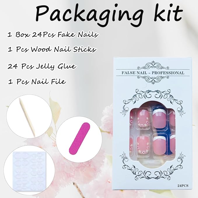 Short Press on Nails Square Fake Nails Natural Flower Glue on Nails Full Cover Nude Acrylic Nails with Spring Summer Design White French Tip False Nails for Women Girls DIY Manicure 24 Pcs