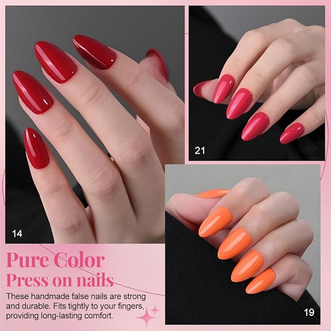 evpct 6 Colors Glossy Press on Nails Short Almond for Women, Glossy Fake Nail with Glue Salon Quality Reusable Stick on Nails In 15 Sizes 180Pcs Full Cover False Nail Soft Gel Set Kit for Gift, Set04