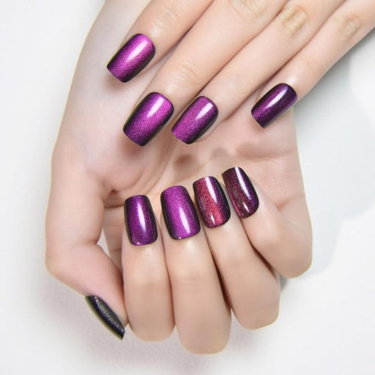 evpct Purple Cat Eye Press on Nails Short Square, Short Square Glue on Fake Nails for Women Gift, Dark Purple Metallic Glitter Glossy Reusable Soft Gel Stick Press on Acrylic False Nail with Designs