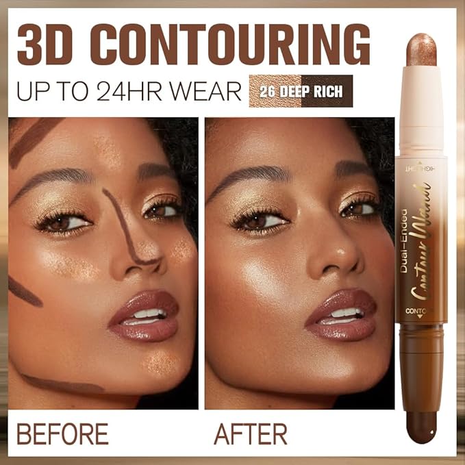2Pcs Contour Stick Dual Ended Face Body Makeup Waterproof no Transfer, 2 in 1 Cream Concealer Stick Contouring Makeup Kit, Nose Contour Bronzer Sticks Face Highlighter Make up 25#+26#