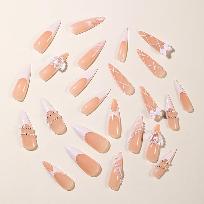 Long Press on Nails 24pcs French Tip Fake Nails 3D Pearl Heart Bow Design Nude Pink Press On White Pearl Summer Nails French Fingertips Almond Full Cover False Nails Cute Stick on Nail Accessories
