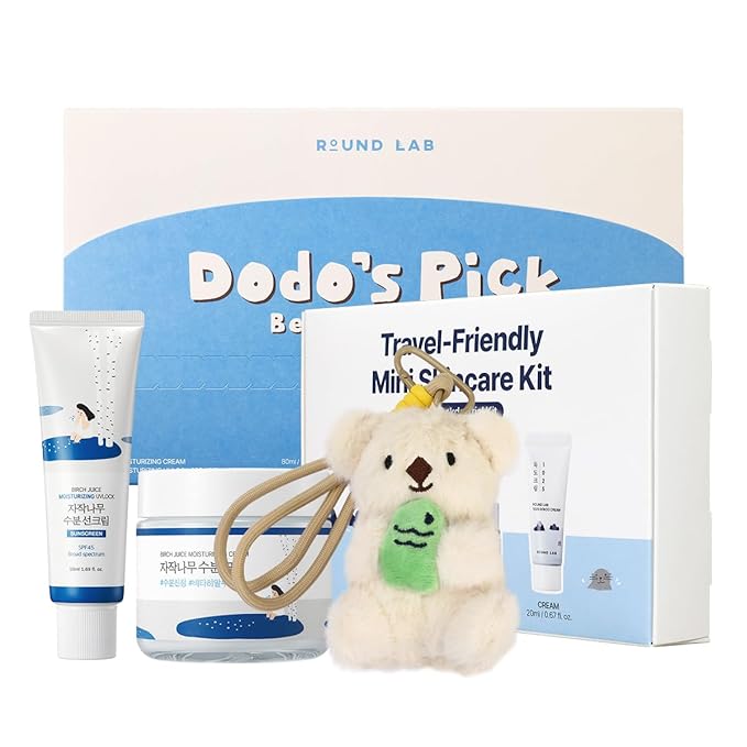 ROUND LAB best selling kit, 1025 Dokdo Hydrating Mini Size Kit + Birch Juice Moisturizing UV LOCK SPF 45 + Birch Juice Moisturizing Cream 2.7 Fl Oz, Korean Skin Care