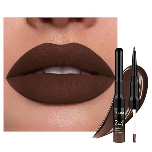 1Pcs 2 in 1 Dark Deep Brown Chocolate Matte Lip Liner and Liquid Lipstick Stain Makeup Set for women, Long Lasting Smudge Proof Lip Tint Matte Finish Lip Gloss for All-Day Color Hold Easy to Use 06#