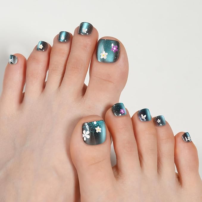 150Pcs Cat Eye Toe Nail Tips, Plauva Toe Press on Nails, 5 Colors Glossy Glitter Cat Eye Fake Nails, Soft Gel Stick On Nails for Women and Girls 15 Sizes