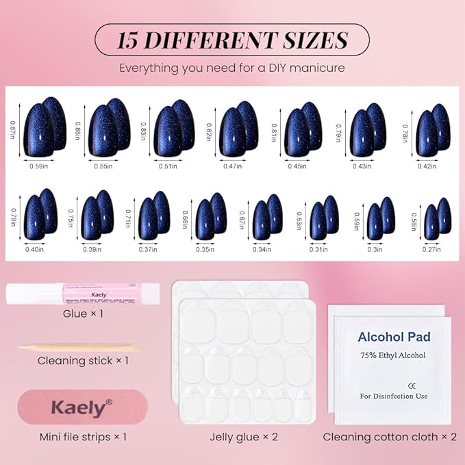 evpct Dark Blue Press on Nails Almond Short, Sapphire Royal Blue Cat Eye Glitter Press on Nails for Women Gift, Soft Gel Press Glue On Nail with Nail Glue, 60Pcs Reusable Acrylic Fake Nails Kit