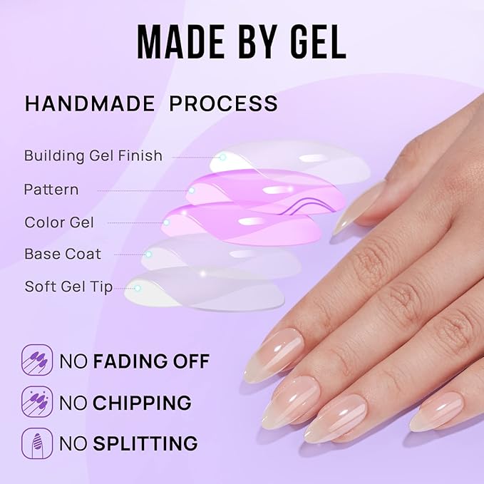 BTArtbox Press On Nails Medium Almond - Press on Nails Chrome Nails, Light Weight & Fit Perfectly Fake Nail with Nail Glue, Nude Glue On Nails in 15 Sizes, Glazed Donut