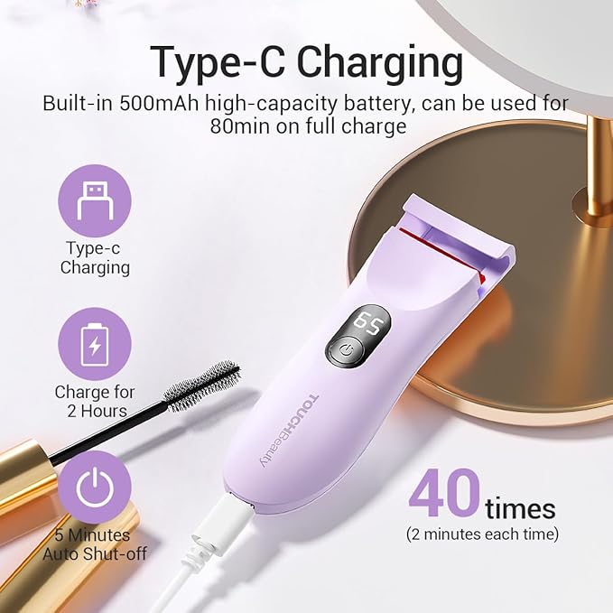 TOUCHBeauty Rechargeable Heated Eyelash Curler with LED Display, Featuring 3-Level Adjustable Temperature for a Natural, Long-Lasting Curl (Up to 24 Hours) AG-2316purple