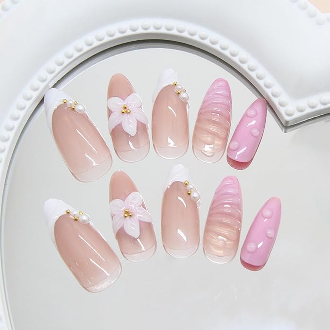 24Pcs Flower Press on Nails Medium Almond Fake Nails with 3D Floral Pearl Gold Beads Design White French Tip Nails Glossy Pink Nude Glue on Nail Full Cover Acrylic Stick on Nail for Women