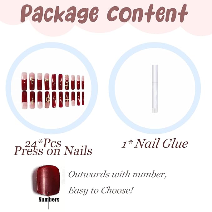 BABALAL Curved Press on Nails Extra Long Square Fake Nails Ruby Red Glue on Gothic Cross Rose Gold Charm Luxury Handmade Acrylic Women Reusable 3d Stick on 20PCS Custom DIY
