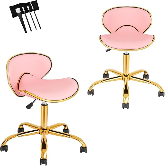Rolling Stool with Back Support, Set of 2 Salon Stool with Wheels for Spa, Nail Tech and Hair Stylist, Height Adjustable Chair for Massage Beauty Makeup-Pink