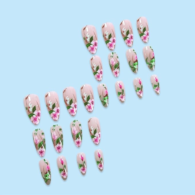 Spring Green Leaves Press on Nails Medium Almond Acrylic False Nails 24Pcs Glossy Pink Flower Fake Nails Rose Stick on Nails Flowers French Tips Gel Glue on Nails for Coquette Women Girls