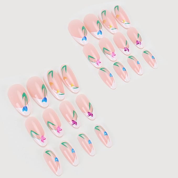 IMRAIN Medium Almond Press on Nails Flower French Tips Fake Nails Glossy Acrylic Nails Press ons with Floral Designs White Nail Kit Spring Summer Glue on Nails for Women 24Pcs