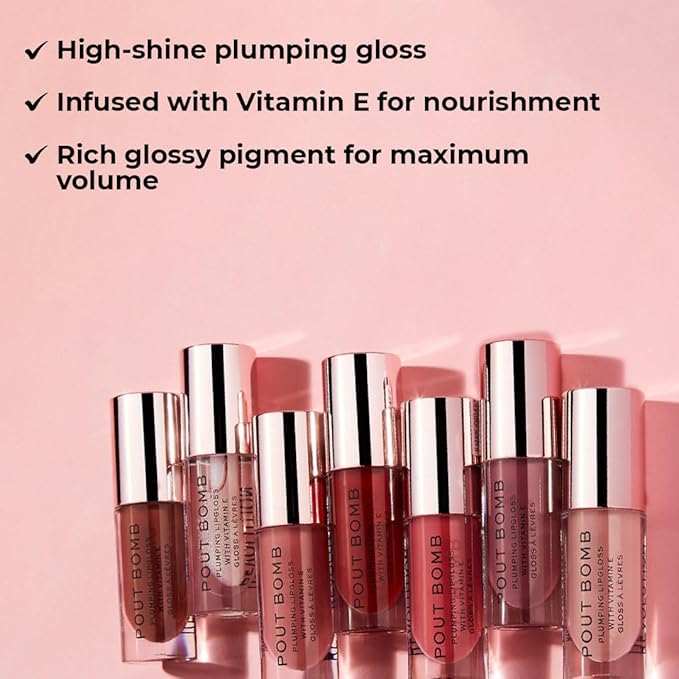 Revolution, Pout Bomb Plumping Lip Gloss, High Shine, Rich Glossy Pigment, Infused with Vitamin E, Cookie Deep Nude, 0.15 fl oz (Pack of 2)