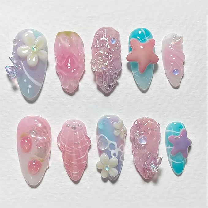 24Pcs Pink Flower Press on Nails Medium Almond Fake Nails with 3D Gold Shell Pearl Design Colorful French Tip False Nails Full Cover Artificial Glue on Nails Summer Beach Stick on Nail for Women
