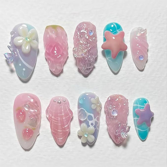 24Pcs Pink Flower Press on Nails Medium Almond Fake Nails with 3D Gold Shell Pearl Design Colorful French Tip False Nails Full Cover Artificial Glue on Nails Summer Beach Stick on Nail for Women