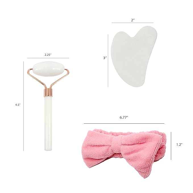 Earth & I Fuzzy headband White Jade Roller & Face Guasha Set 3pc, At Home Spa Essentials, Women Self Care, Face Tool for Lymphatic Drainage, Gua Sha Roller, Gusha, Spa Accessories for Women