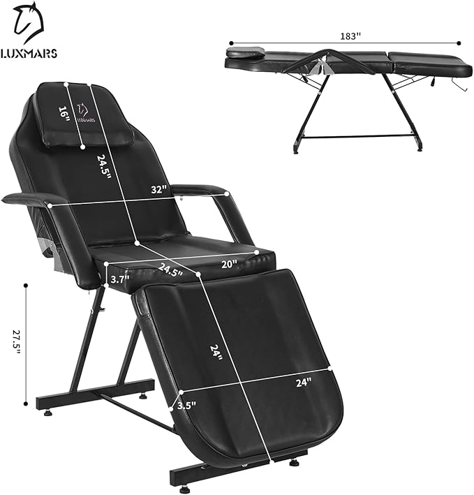 Tattoo Chair, Multipurpose Facial Chair 73 Inch Spa Salon Facial Bed with Massage Equipment Spa Stool for Beauty Spa Tattoo, Black