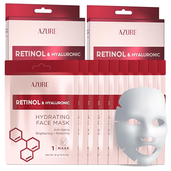 Azure Cosmetics Retinol & Hyaluronic Acid Anti Aging Facial Sheet - Rejuvenating & Hydrating Face Mask - Helps Reduce Fine Lines & Wrinkles, Smooths & Repairs - Made in Korea - Pack of 5
