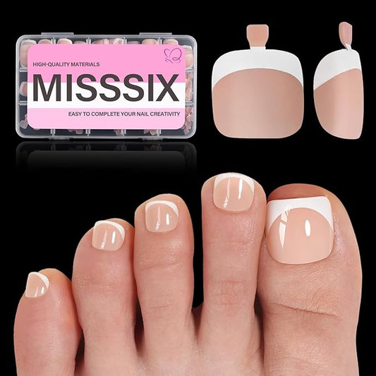 Misssix French Tip Press on Toe Nails, 150Pcs French Square Toe Nail Tips, Soft Gel False Toenail, Acrylic Soak off Fake Toe Nails for Women Nail Art DIY 15 Sizes