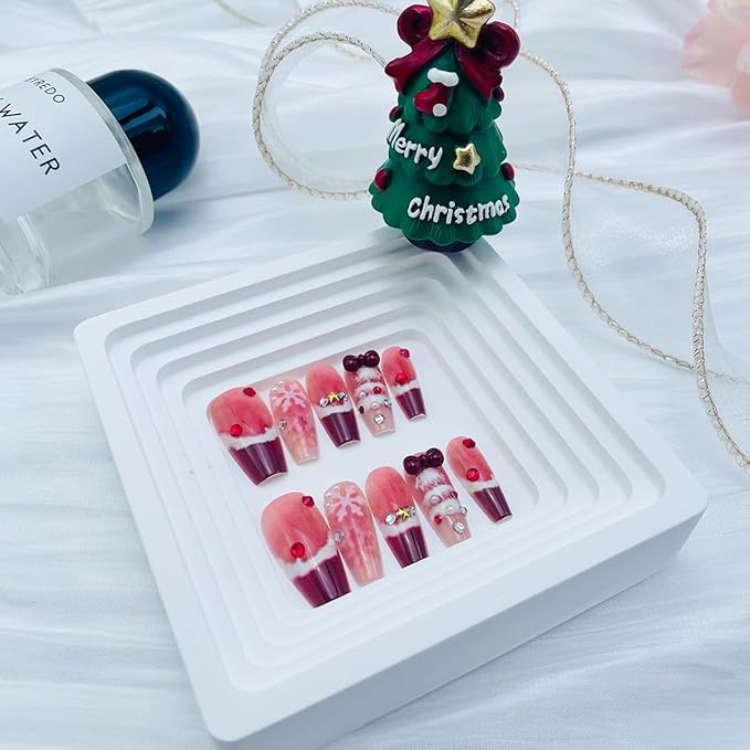 10Pcs Christmas Press on Nails Long Coffin French Tip Fake Nails with Red Bow Rhinestones Design Winter Snowflake False Nails Reusable Glossy Full Cover Acrylic Nails Handmade Stick on Nail for Women