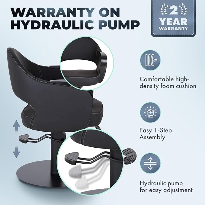 Buy-Rite Luna Noir Styling Chair – Professional Salon & Barber Chair with Mid-Century Design, Stitch Pattern, Black Metal Arms, Hydraulic Base, Easy-Clean Vinyl, YLG-356-BLK (Black Flat Round Base).