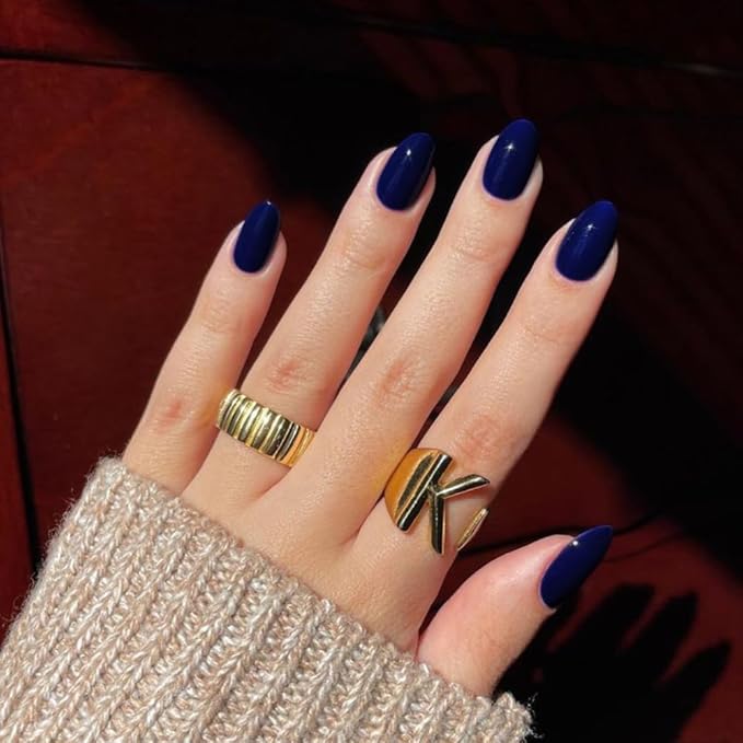 Navy Blue Press on Nails Short Almond Fake Nails Press ons, Thick Solid Color Glue on Nails Short False Nails, Medium Almond Nails Oval Round Shaped Nails for Women, 24Pcs Natural Acrylic Gel Nails