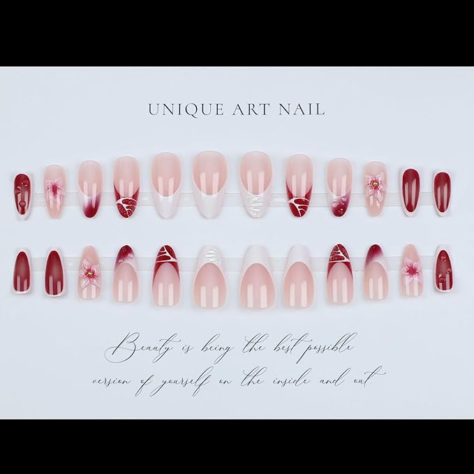Red French Tip Press on Nails Medium Almond Fake Nails with 3D Flower Designs Summer False Nail Tips Glue on Nails Acrylic Full Cover Stick on Nail for Women Quick Manicure Kit 24Pcs