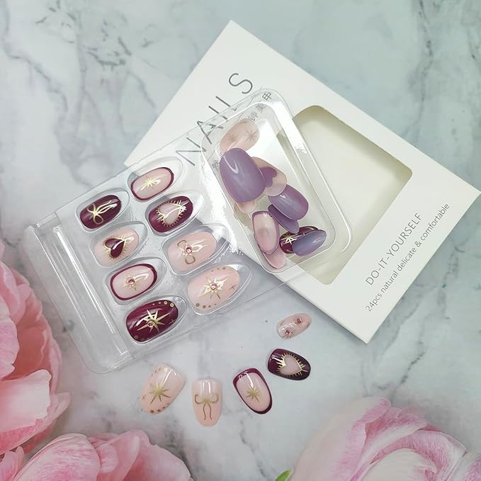 Almond Press on Nails Short Fake Nails with Glitter Pink Rhinestone Design Chrome Gold Stars Bow False Nails Glossy Vintage Red Acrylic Artificial Nails Full Cover Stick on Nails for Women Girls 24Pcs